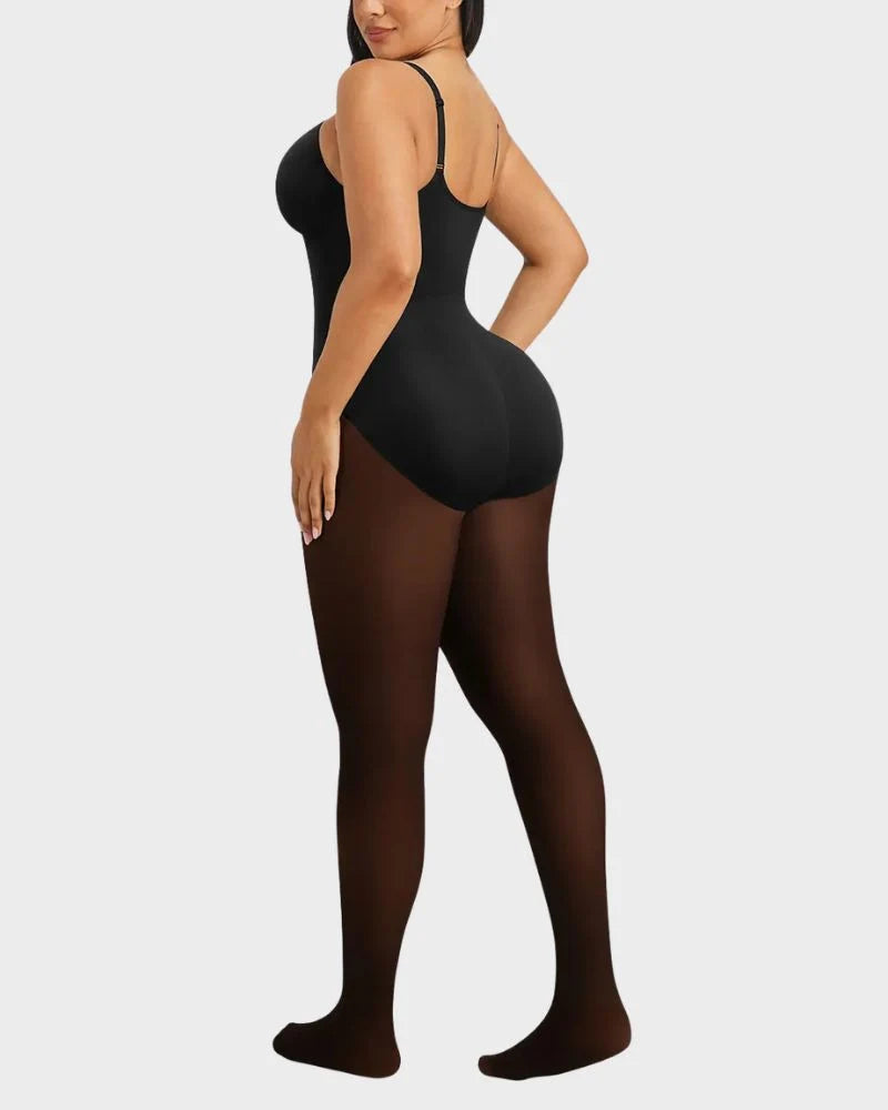 Fleece-lined sheer-effect tummy control tights bodysuit, back view