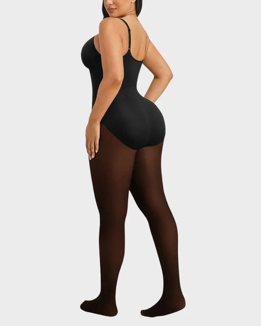 Fleece-lined sheer-effect tummy control tights bodysuit, back view